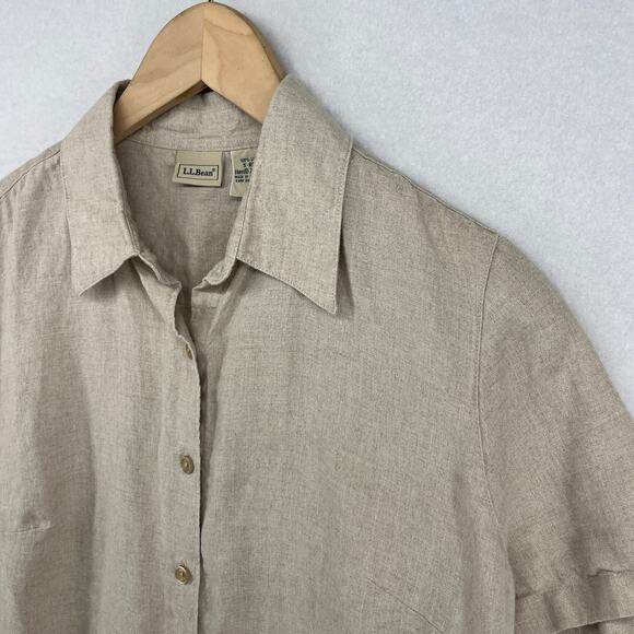 L.L. Bean Tops - LL BEAN Shirt Womens S Washable Linen Button Up Short Sleeve Woven Beige